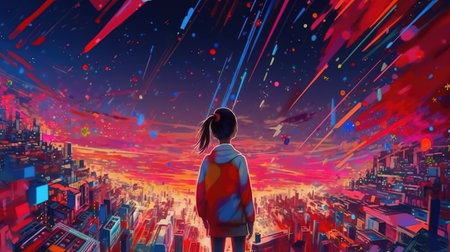 an impressive abstract distort dimension city anime illustration of a girl standing at the top of a town, ai generated imageの素材