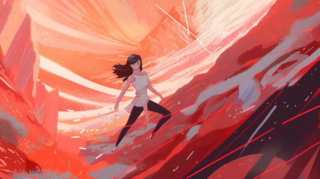 an abstract action pose of a woman in a cartoon anime world, ai generated imageの素材