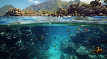 beautiful half under water illustration with fishes, ai generated imageの素材