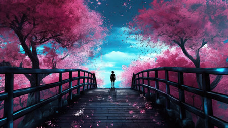 a lonely person standing at the end of a bridge with cherry trees around her, ai generated imageの素材