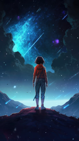 a girl watching a beautiful impressive night with a lot of stars, vertical anime screen wallpaper, ai generated imageの素材