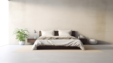 a simple clean white bedroom mockup with a plant, ai generated imageの素材
