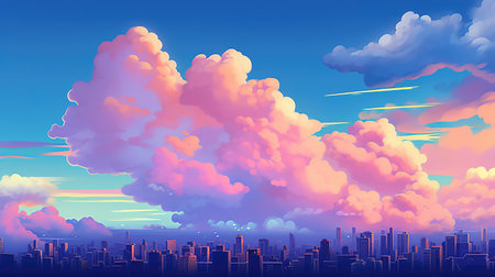 an anime illustration of a modern city with a lot of clouds over the town, ai generated imageの素材