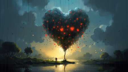 a fantasy magical giant tree in the style of a heart, wallpaper artwork, ai generated imageの素材