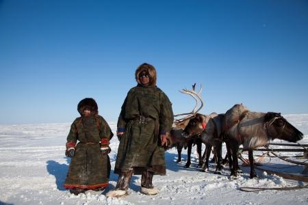 Nenets family - father and son - the reindeer herders. The Far North, Russiaのeditorial素材