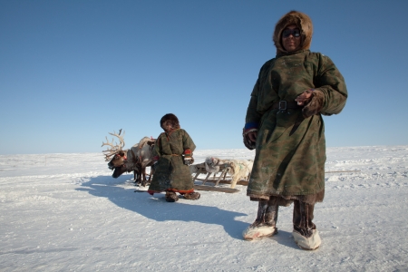 Nenets family - father and son - the reindeer herders. The Far North, Russiaのeditorial素材