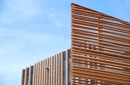 wooden facade modern perspective whit sky background