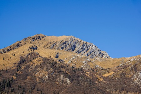 Mountain Ridge with Golden, Rolling Hills, Evergreen Trees and Blue Skyの写真素材