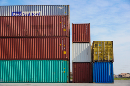 MILAN , ITALY 10 April 2017 : Several containers are ready to be loaded on to ships at the port. Containers are the classic method for maritime transport of different goodsのeditorial素材