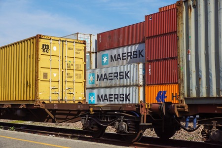 MILAN , ITALY 10 April 2017 : Several containers are ready to be loaded on to ships at the port. Containers are the classic method for maritime transport of different goodsのeditorial素材
