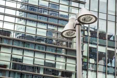 Poles led. Street light against the office buildingの写真素材