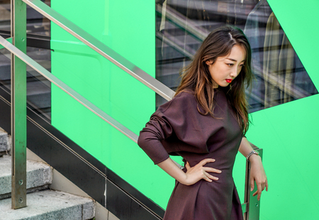 MILAN, ITALY - SEPTEMBER 22, 2017: Fashionable models poses on the street at fashion show building during Milan Women Fashion Week.のeditorial素材