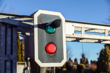 Traffic light shows green signal on railway.の写真素材