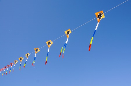 big colorful kite flies high in the sky . Beautiful kites in a kite festivalの写真素材