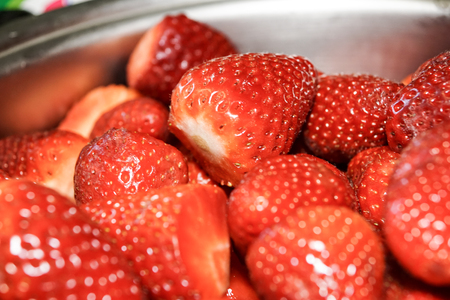 background from freshly harvested strawberries, directly aboveの写真素材