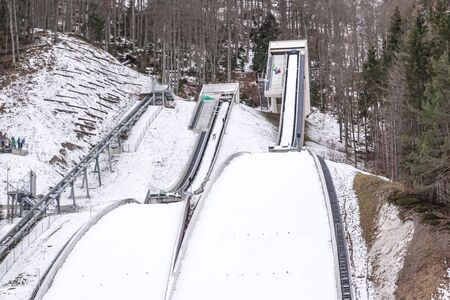New complex of ski springboards against the blue sky in slovenia.の写真素材