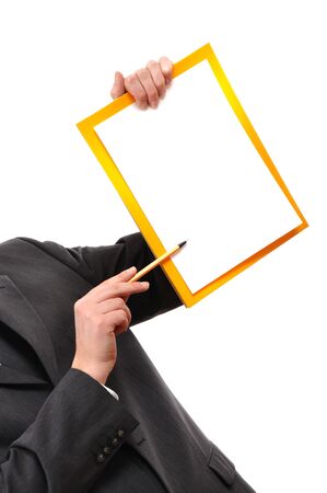 Man is holding a piece of blank white paper, presentation background image.の写真素材