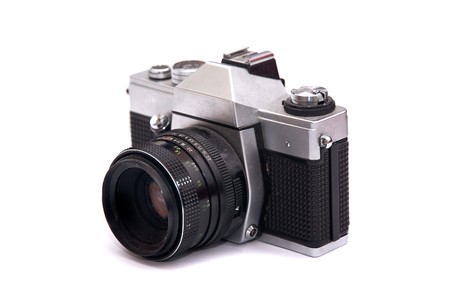 Professional old analog film camera, isolated on whiteの写真素材