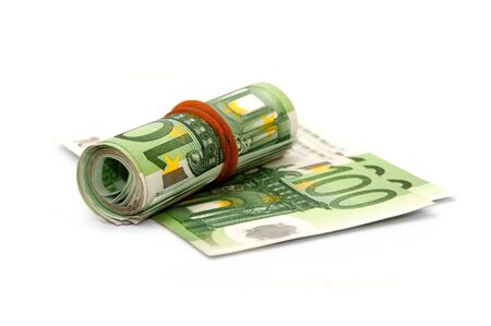High resolution, detailed image of pile of 100 Euro banknotes scattered around.の写真素材