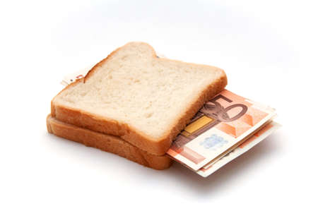 Few 50 euro banknotes in toast sandwichの写真素材