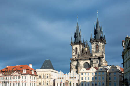 Old town square with towers of Church of Our Lady before Tyn, the most remarkable Gothic church set in Prague.の写真素材