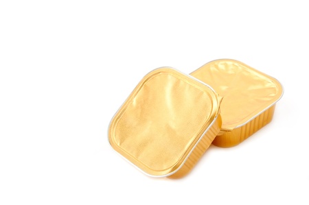 Foodpacked in aluminum package, isolated on whiteの写真素材