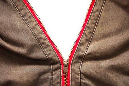 Zipper on a brown wind jacketの写真素材