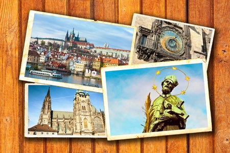 Prague postcards over a wooden textured backgroundの写真素材