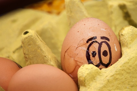 Group of fresh eggs with drawn faces depicting various emotions arranged in a cardboard egg carton...