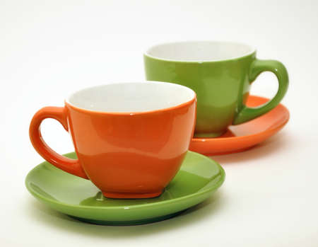 Empty coffee mugs, image is taken over a white backgroundの写真素材