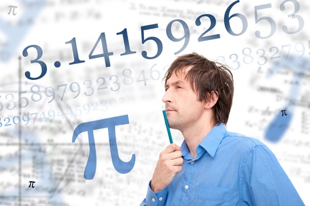 Portrait of a young scientist calculating Pi number Portrait of a young scientist calculating Pi number