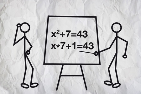 Illustration of two humanoid figures, a teacher and a student in front of the blackboard doing...