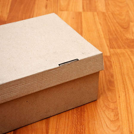Cardboard box on a laminated wooden floor.