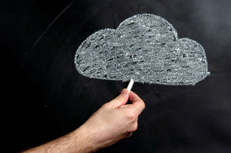 Cloud computing graphic scheme drawn with a chalk on a black board.の写真素材