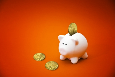 Beatiful white ceramic piggy coin bank, money savings conceptの写真素材