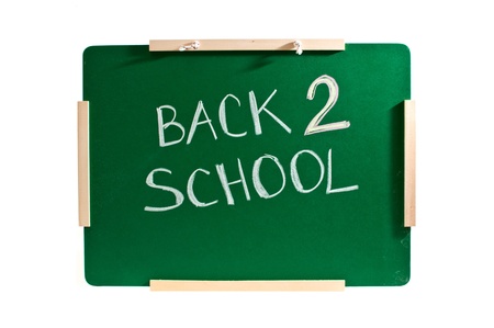 Back to school note written with white chalk on a green chalkboard の写真素材