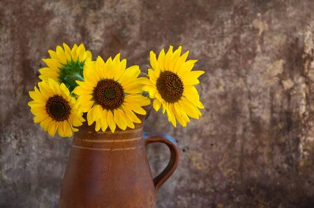 Sunflower, autumn still life on the old wooden table.の写真素材