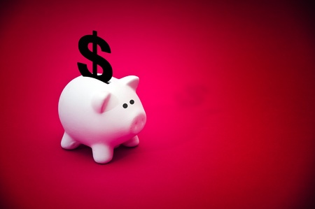 Beatiful white ceramic piggy coin bank with dollar symbol, money savings conceptの写真素材