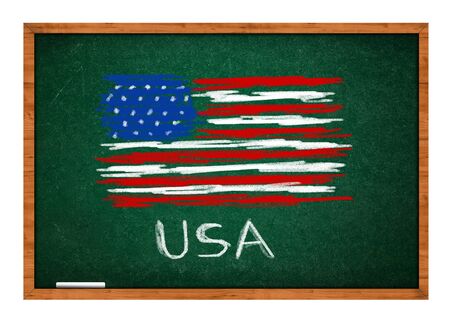 USA flag drawing on green chalkboard  with wooden frame の写真素材