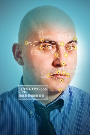 Face detection software recognizing a face of young adult bald businessman.の写真素材