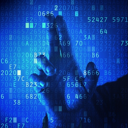 Businessman pressing touch screen button with hexadecimal code. Password protection concept.の写真素材