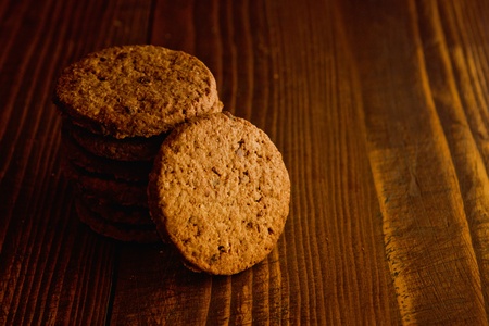 Chocolate chip cookies. Delicious and fresh cookies on wooden table.の写真素材
