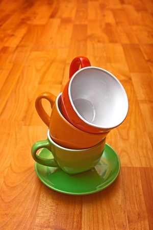 Coffee cup set on wooden backgroundの写真素材