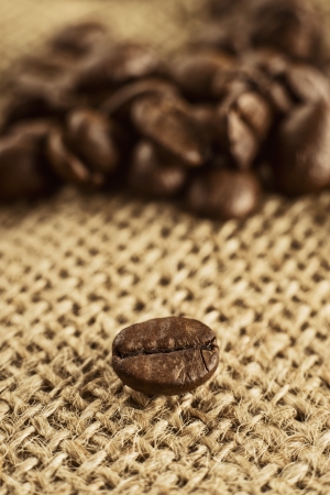 Coffee bean on jute canvas texture. Macro shot.の写真素材