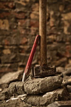 Hammer and chisel, bricklayer tools for home interior redecorationの写真素材