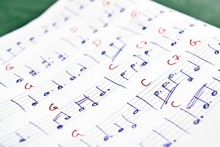 Musical notes in note book with guitar chordsの写真素材