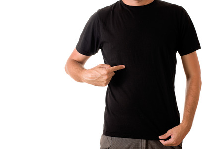 Slim tall man posing in blank black t-shirtの写真素材