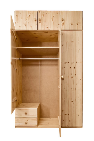 Simple open wooden wardrobe made of beech wood. Isolated Wooden cabinet.の写真素材