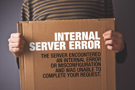 Http Error 500, Server error page concept. Man holding banner with error message. Web technology...