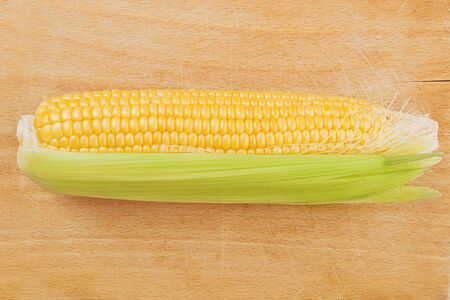 Beautiful fully developed Corn Maize Cob with golden seed on wooden backgrpund